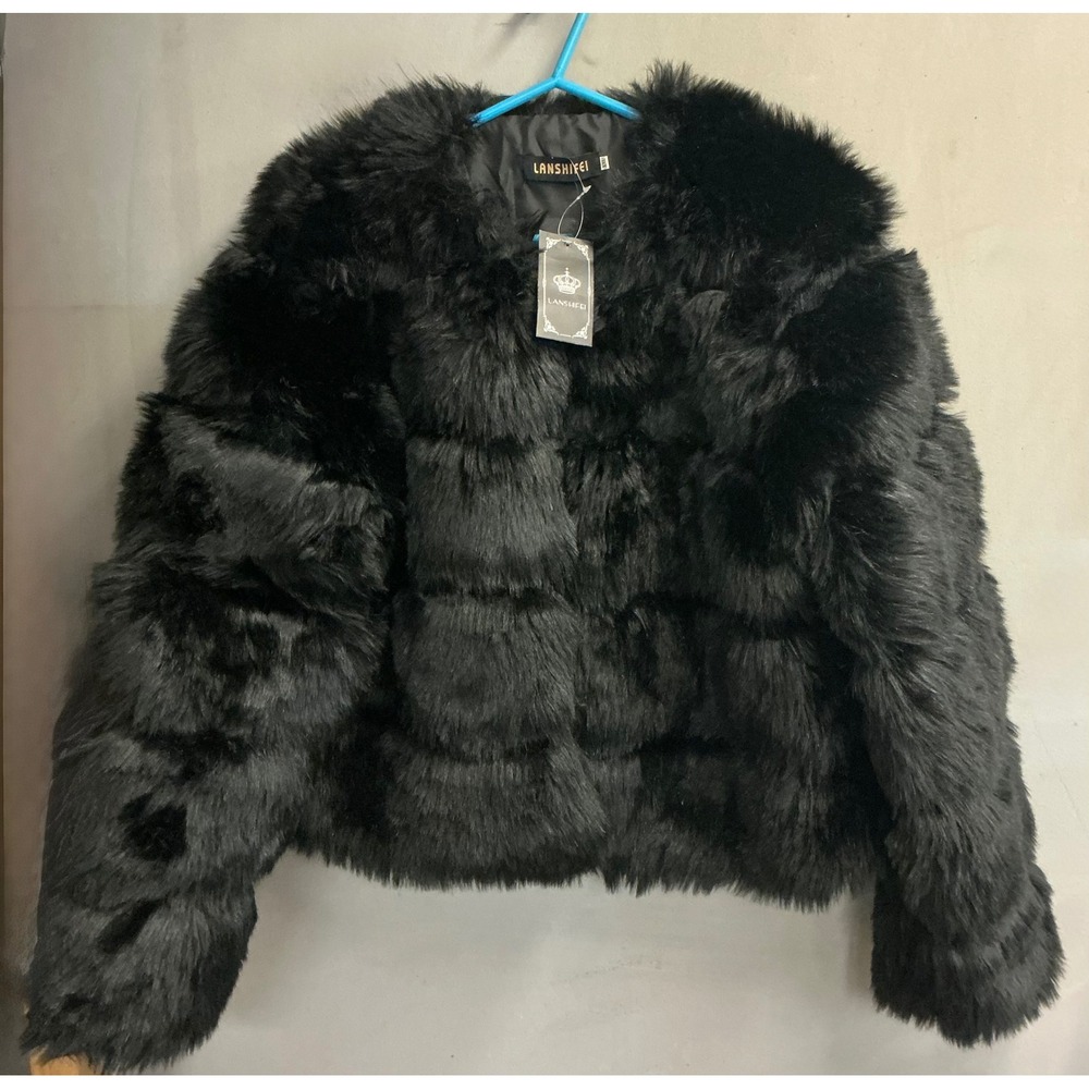 Lanshifei Black Faux Fur Jacket XXL & Lovful Matching Hat Scarf Set NWT
